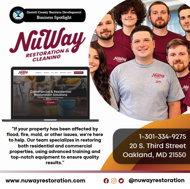 Todays Business Spotlight 🏠 is on NuWay Restoration and Cleaning!
Visit them at www.nuwayrestoration.com or NuWay Restoration and Cleaning
Follow us to see more daily Garrett County Business Spotlights!
If you are interested in having your business featured contact Connor Norman at cnorman@garrettcountymd.gov.
#garrettcountymd #businessdevelopment